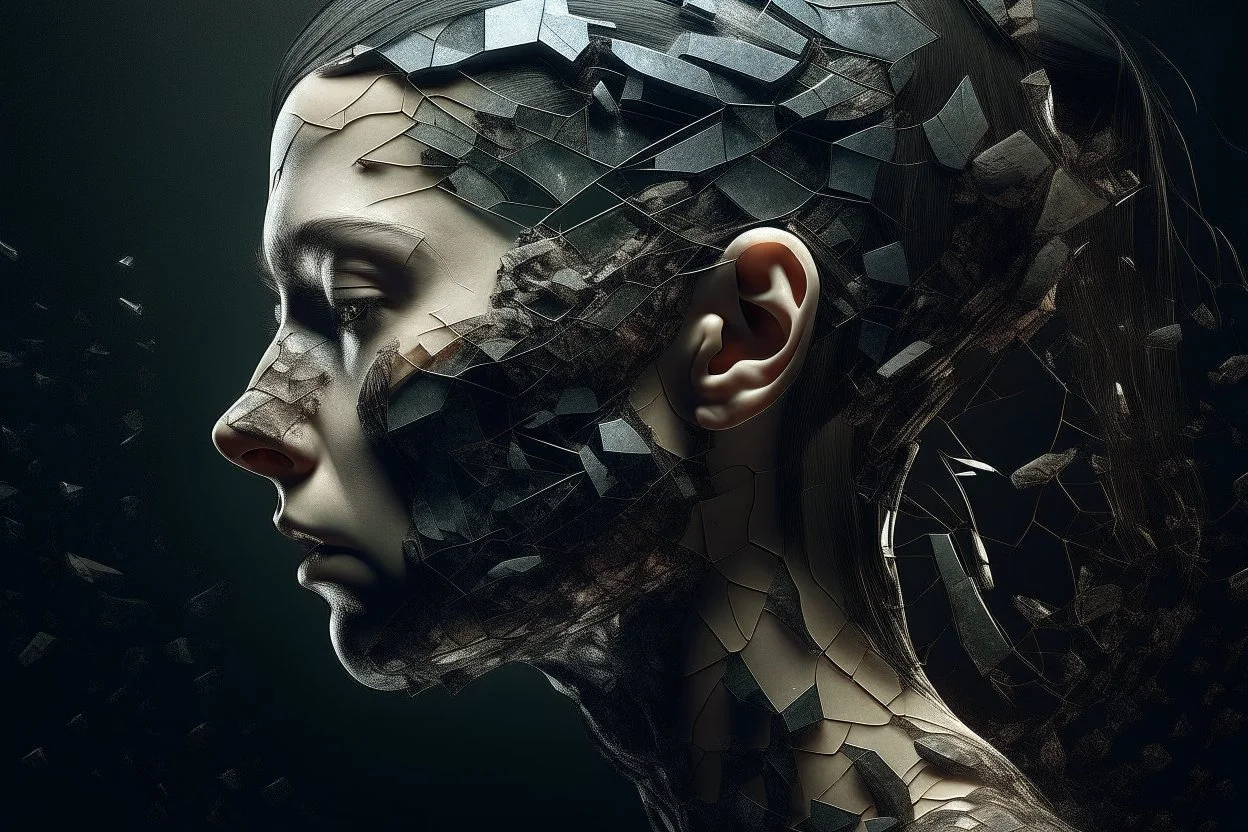 human design, breaking down into pieces, cinematic image, 16K