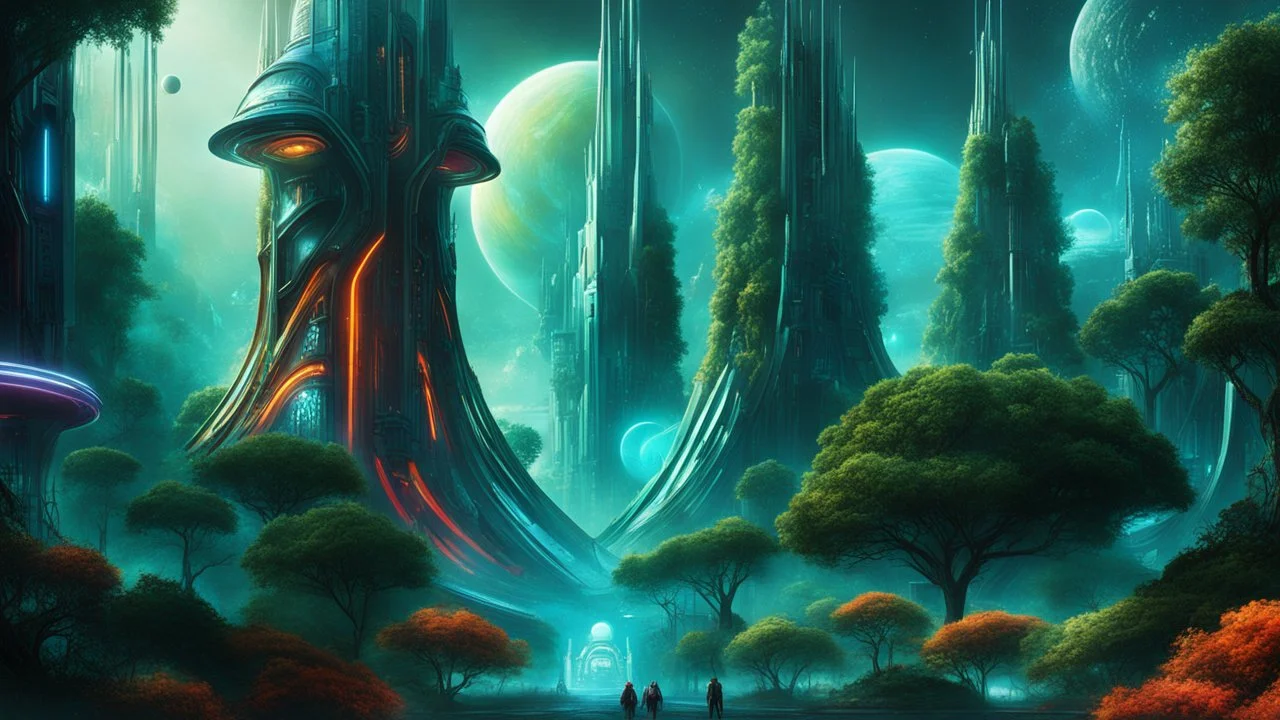 hyper realistic, tron legacy movie, aliens creatures, space ships of the future, city of the future, green nad dark red trees , forest, yellow, blue, purple, orange, space, planets, god creations