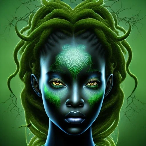 Painting .the face of A young black woman. A wood nymph emerging from the forest. Her hair looks like vines. Dreadlocs. Her skin is the colour of dark soil. Her skin looks like tree bark. Her clothing is made of vines, grass and leaves.