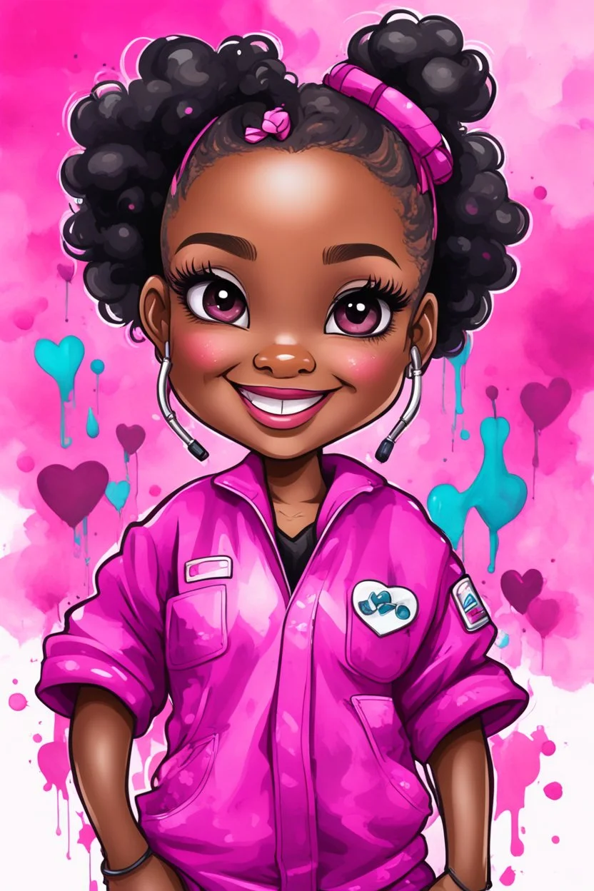 Create an abstract graffiti water color painting illustration of a chibi cartoon black female curvy smiling and hot pink scrub suit. Prominent make up with lush lashes and hazel eyes. Highly detailed slick ponytail thats wavy. background of the amour of stethoscopes