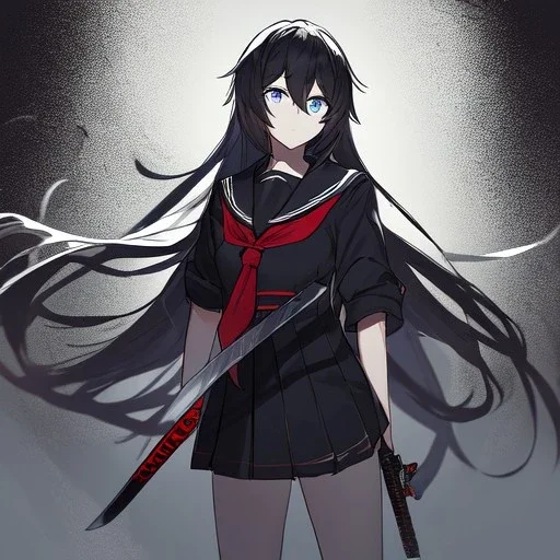 Clear focus, High resolution, long black fluffy hair, blue eyes, wearing a black sailor uniform, red tie, yandere, rough line sketch, dark aura, holding a katana, hair between eyes, 1girl, standing in grey sand