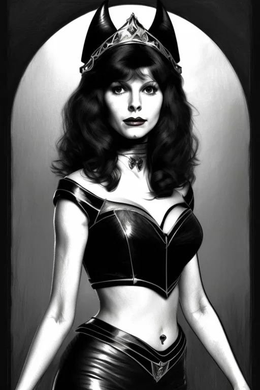 drawing of young victoria principal as evil queen in black leather, feminie, angry, stern look on her face, volouptous, busty, cleavage, emperious, mature, highly detailed, digital painting, artstation, concept art, smooth, sharp focus, illustration, art by gaston bussiere and alphonse mucha