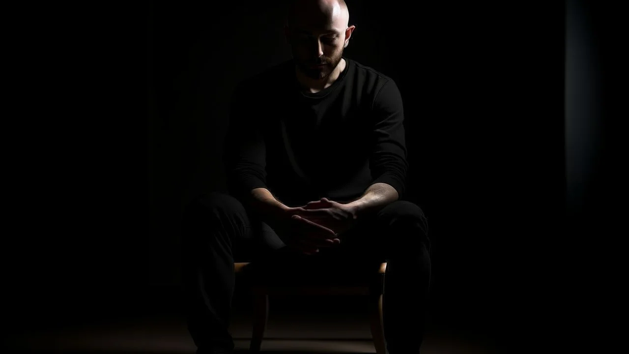 في الصورة، يظهر رجل جالس على كرسي في غرفة مظلمة. وجهه غير واضح، لكن يمكن رؤية عينيه مغمضتين. الرجل يرتدي ملابس سوداء، ويبدو أنه في حالة من الهدوء والتأمل.