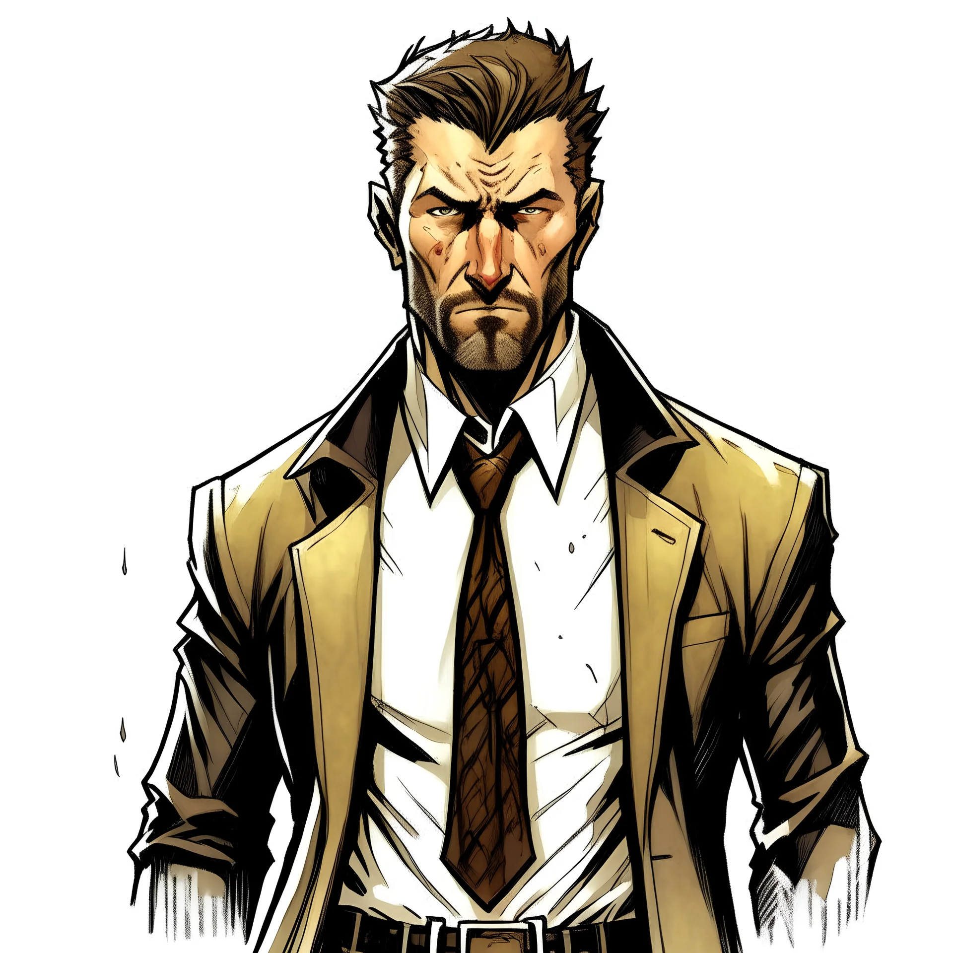 create an male character based on john constantine, fatter, older, dark brown short hair and long bear, flat background, black suit and tie,larger jaw, realistic