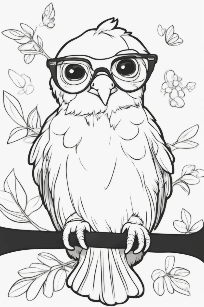 Outline art for cute coloring pages with bird with glasses, full body, white background, sketch style, only use outline, clean line art, no shadows and clear and well outlined.