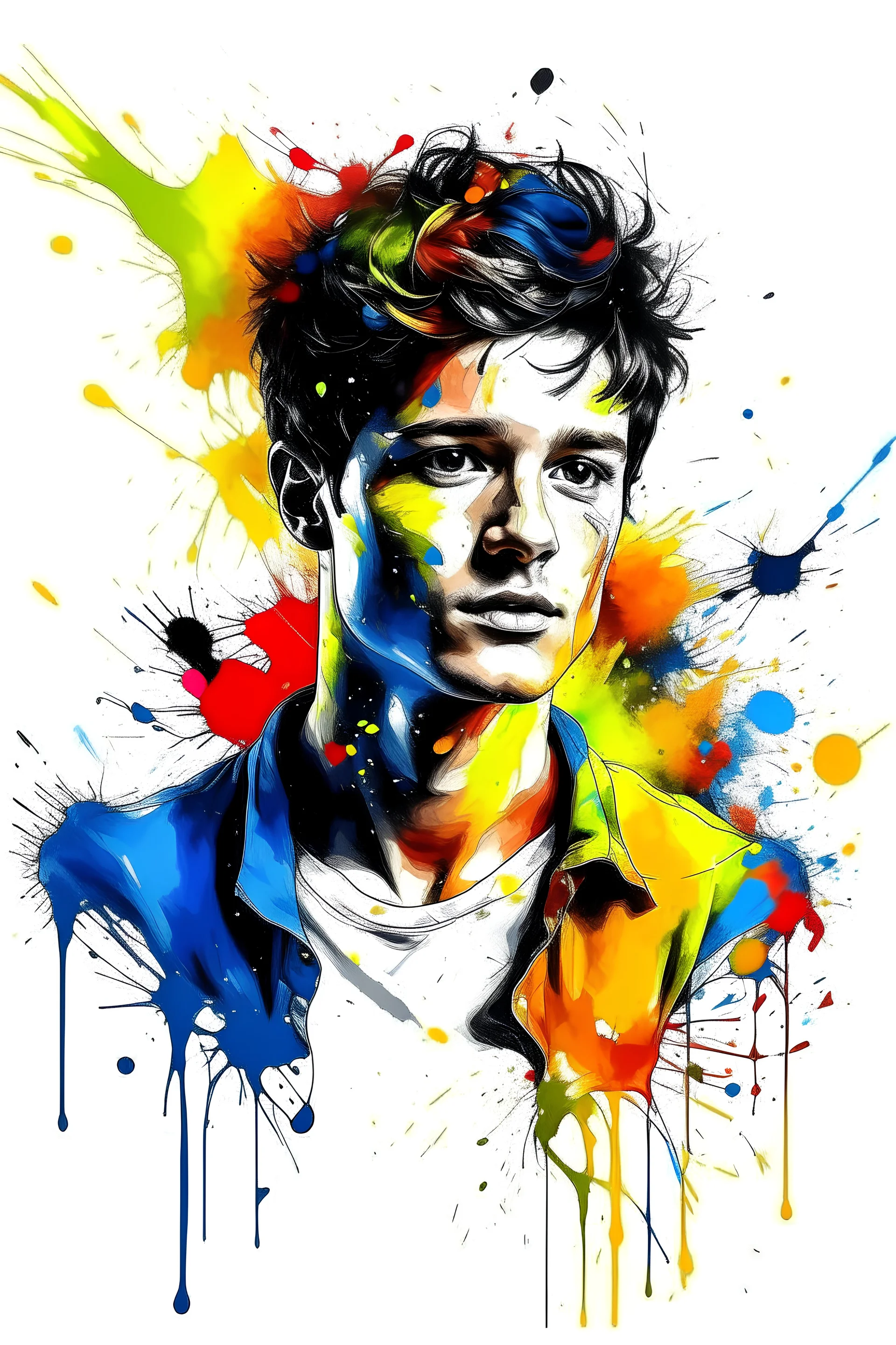 colorful and abstract handsome person portrait. The person is decorated with bright paint splatters in blue, yellow, orange and black. The painting style is abstract and expressionist, integrating the figure with the white background. Part of a white shirt or jacket appears among the colorful splashes. looking through right