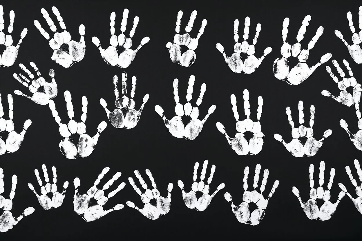 multiple white hand prints on a solid black background. some hand prints have streak marks as if they slid down the canvas