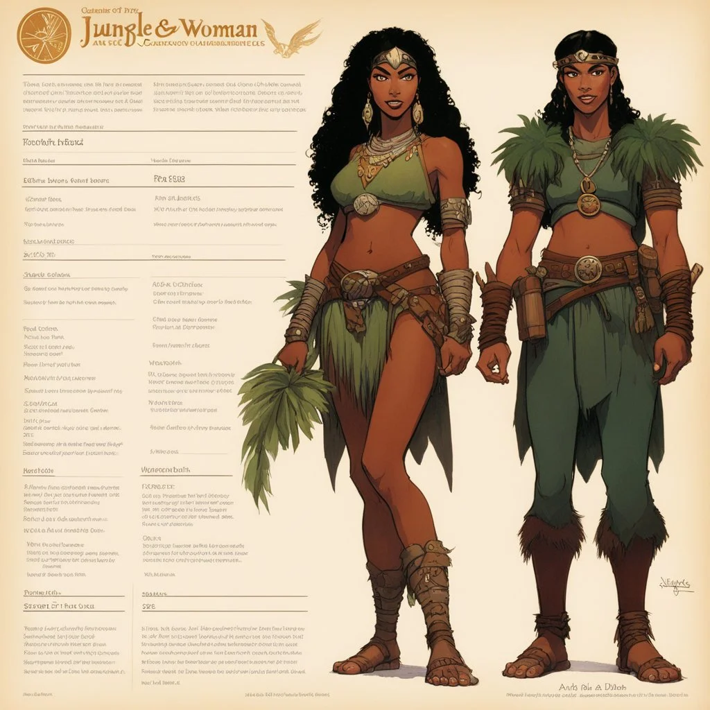 character concept sheet with AD&D statistics and characteristics, [illustration by Angus McBride] jane the jungle woman