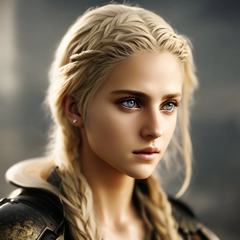 Prhotorealistic close-up of a beautiful blonde warrior with dystopian clothes and background