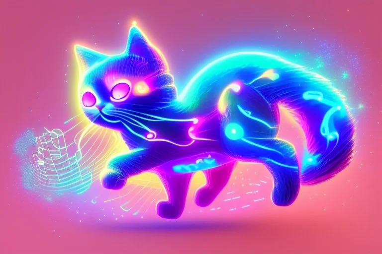 cute chibi dynamically dancing cat, holographic, bioluminescent, an image visualizing musical notes in an abstract and dynamic composition. Let the musical notes dance in the air, forming a symphony of shapes and symbols that convey the essence of sound. Show the notes floating and intertwining in air, creating a visually harmonious composition