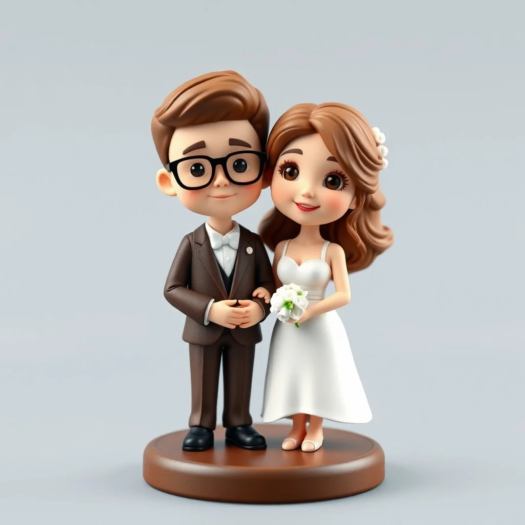 Create a cute premium 3D animated collectible figurine scene of the uploaded couple, using their photo only as the identity reference. Turn them into an adorable husband and wife standing close together on a small round display base. Preserve their young age, facial features, hairstyle, glasses if present, skin tone, and warm loving expressions, but render them in a soft anime style. in wedding suit