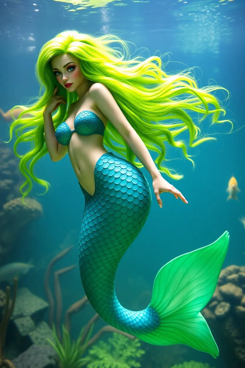 real photo of a mermaid with green hair and blue scales, big bubs, and fangs, good body, inside a big fish tank