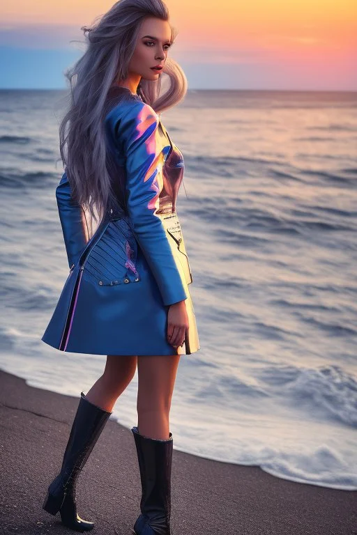 half body shot,realistic portrait of a 20-25 old caucasian model, long blue pink flowing hair, great grey eyes, blue leather jacket,full body, short white skirt,long legs,standing at beach of very nive lake with sunset ,clouds,godrayes