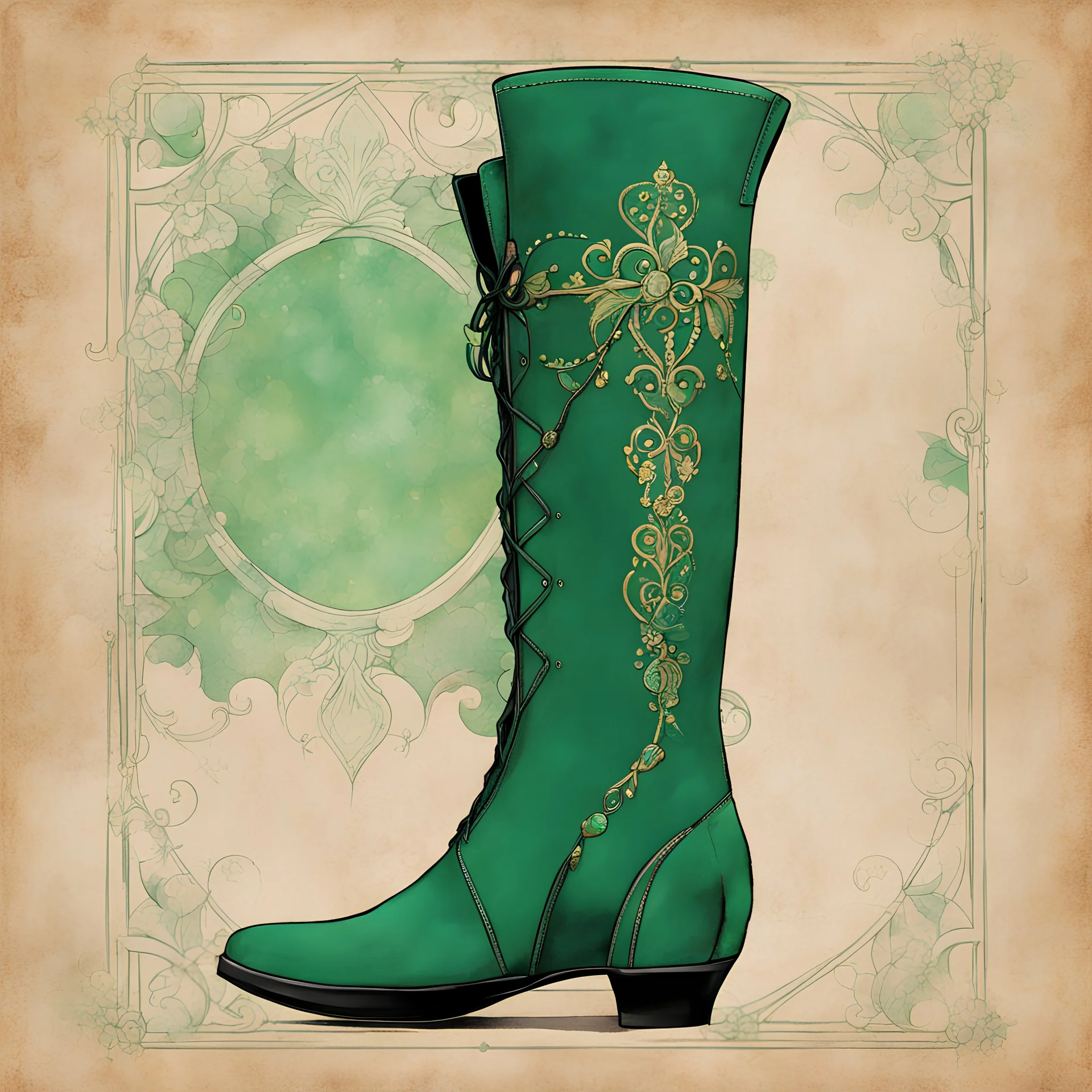 create fanciful women's Regency style side-lace boots with decorative jade stitching, in fine suede leather, illustrated in the comic book style of Bill Sienkiewicz and Frank Miller, highly detailed, 4k