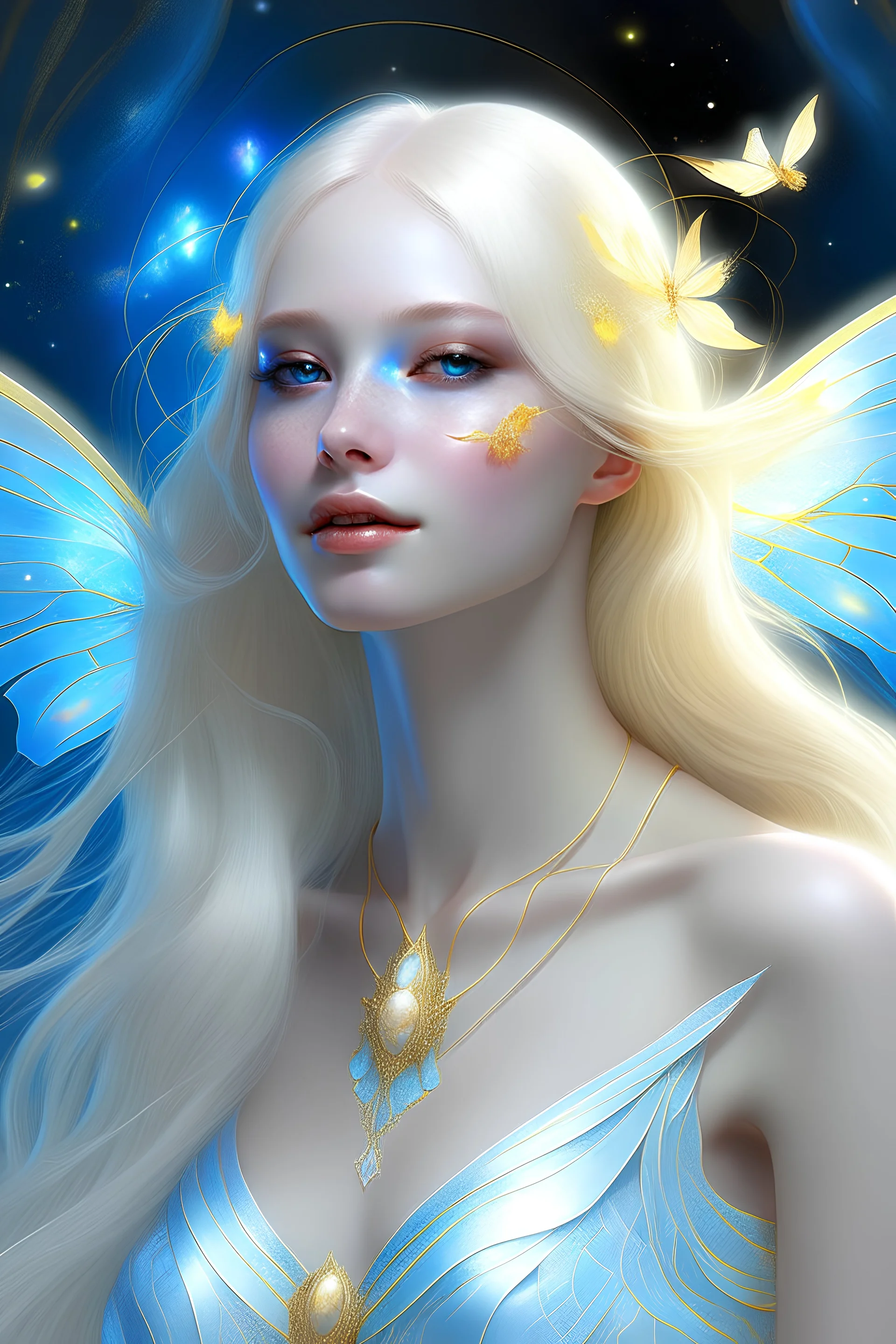 Enlighten, highly detailed beautiful elegant, happy smiling blond long hair blue eyes Faery with translucid shining silk wings, white gold costume bright morning, glowing magic butterflies, space ship, planets, white pink gold blue shining graduated colours, nice magic atmosphere, jewels, transparent stones, shining stars, glitters, hyper ultra realistic, 32 K, tom bagshaw, greg rutkowski, global illumination, radiant light, bright sky environment, intricate details, surreal, wonderfull