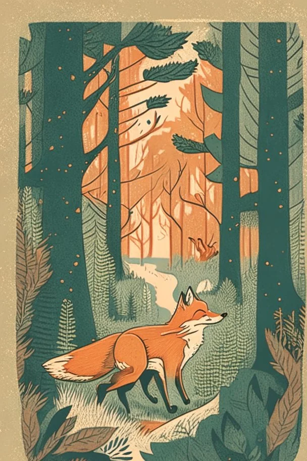 in a cosy vintage style, a fox runs through the forest