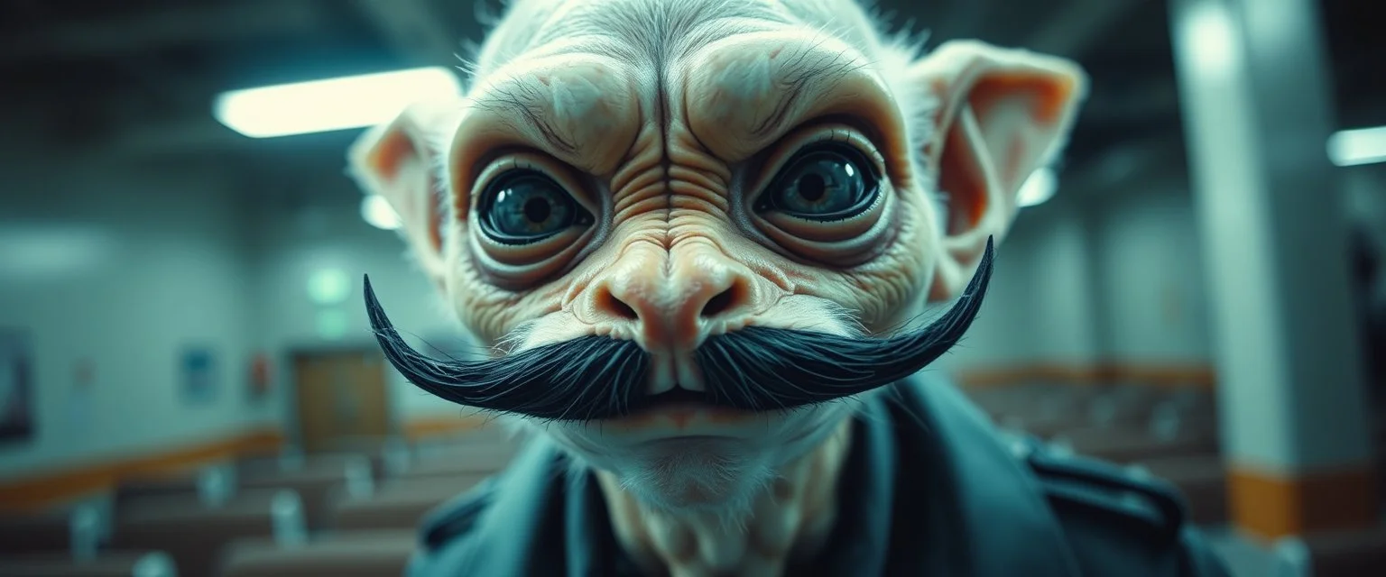 airbrush and pen outline, french art mustache , extreme close up on cheeky fluffy weasel goblin alien military prison guard news anchor elf family scumbag in the style of Escher and Giger and Fallout 4, pinhole cam, airbrush 3d rendering, on tv screen:A five-second cinematic single take in a clean industrial presentation hall.