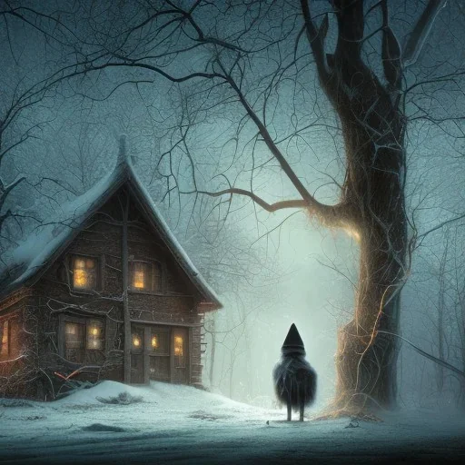 robed Grim Reaper behind sad, abandoned, dog chained to a tree, house in distance, winter, loneliness, 8k resolution, high-quality, fine-detail, iridescent, intricate, digital art, detailed matte, volumetric lighting, illustration, 3D octane render, brian froud, howard lyon, selina french, anna dittmann, annie stokes, lisa parker, greg rutowski