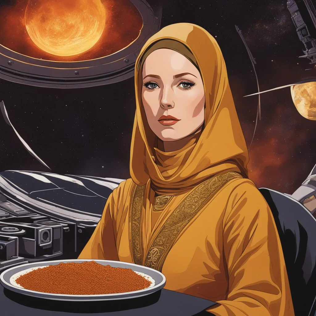 a youthful Bene Gesserit, using the voice in a spaceship, close to a stack of spice