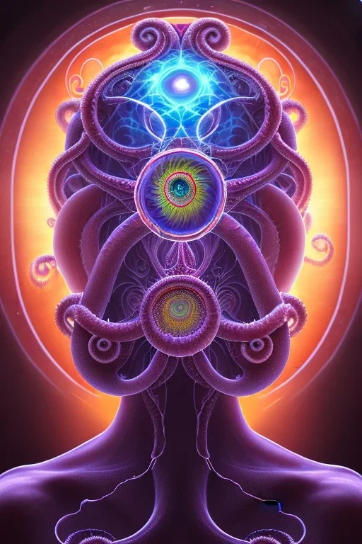 Spiritual being with Tentacles over human Head creating reality around, wrapping Spiral around people, Psychedelic