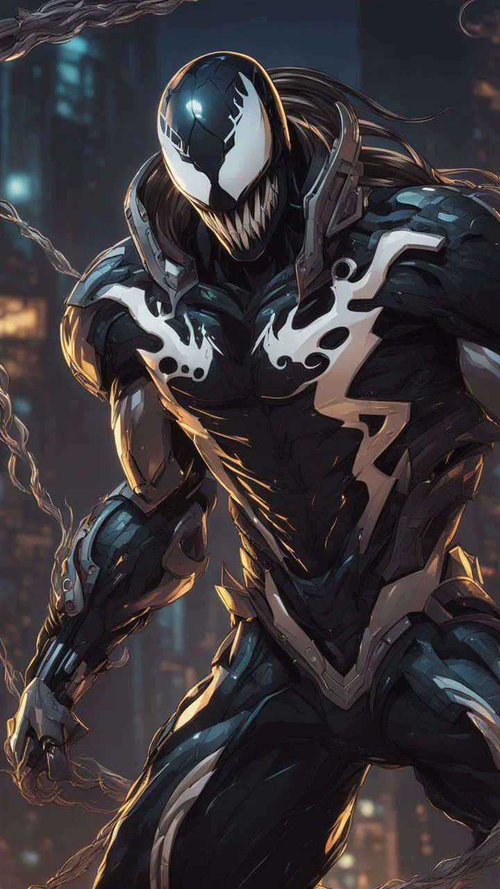 Venom mix with machine in solo leveling shadow artstyle, cyberpunk them, intricate details, highly detailed, high details, detailed portrait, masterpiece,ultra detailed,best quality