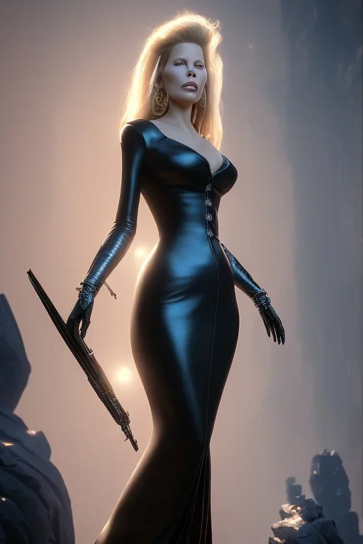 Kim Basinger in black leather gown, evil,energetic, villain, busty, cleavage, curvy, angry, happy, stern look. character design by cory loftis, fenghua zhong, ryohei hase, ismail inceoglu and ruan jia. unreal engine 5, artistic lighting, highly detailed, photorealistic, fantasy