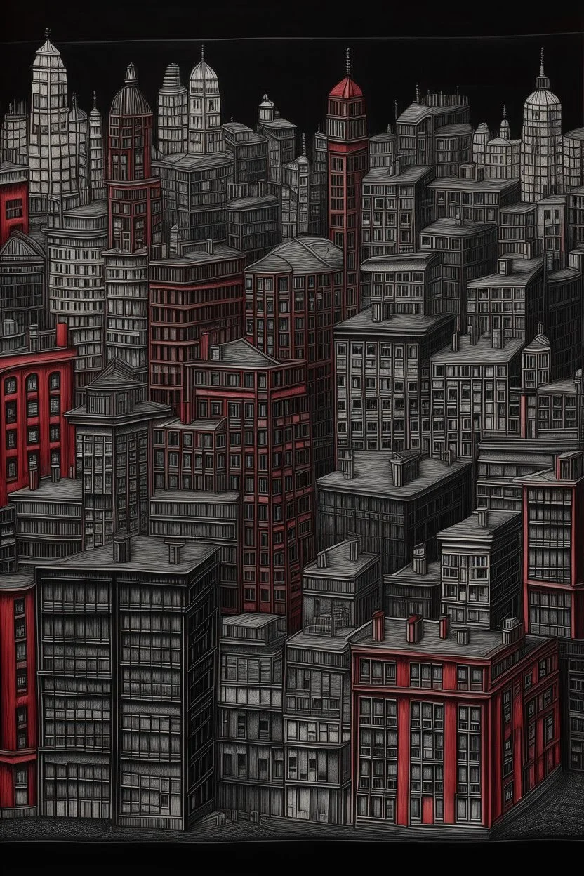 Very tiny Fine lines draw of a dream city , nyc building , black and only one building painted dark red