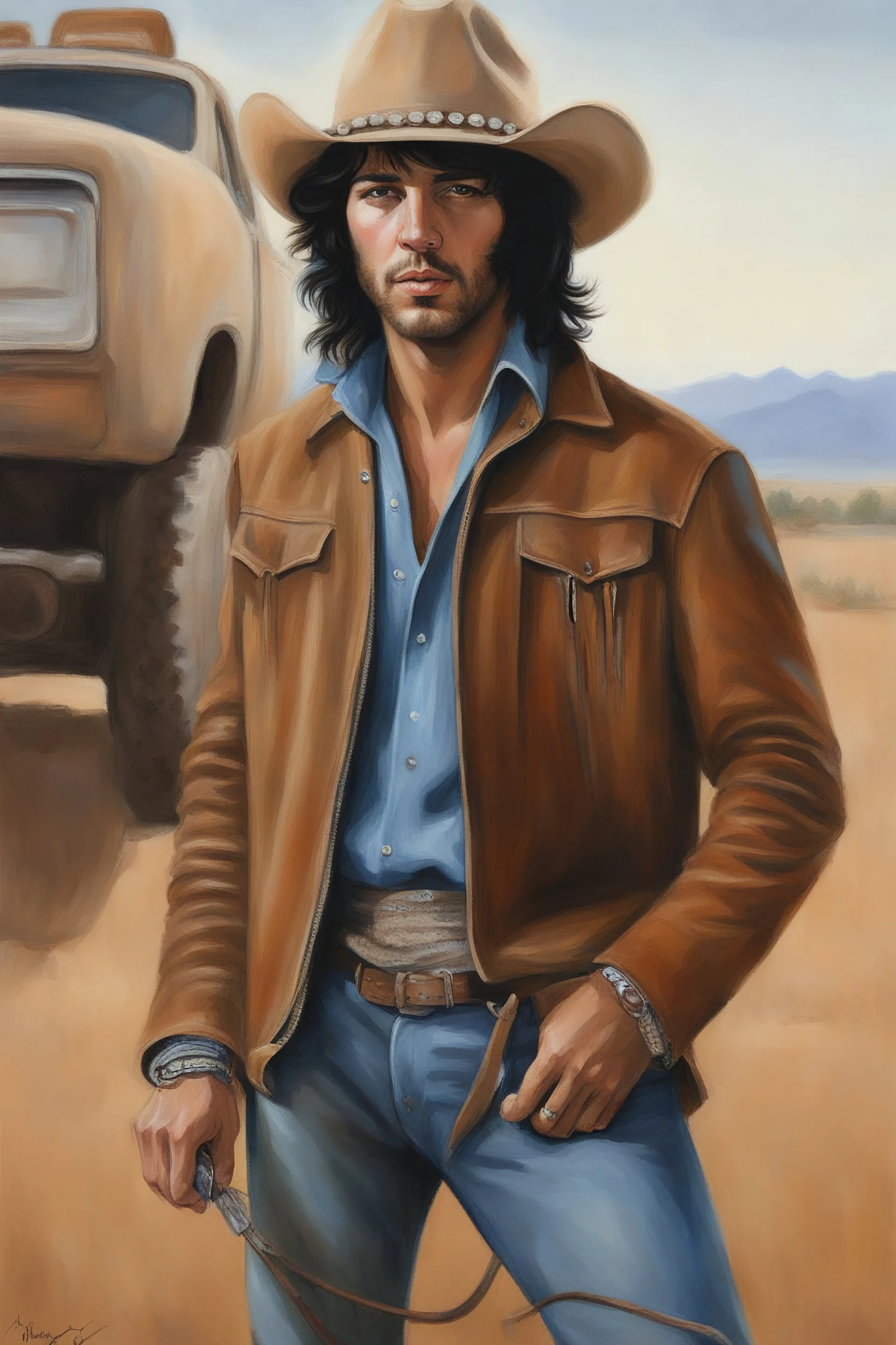 facial portrait, 18-year-old Elvis Paul Stanley Keanu Bernthal, cowboy hat, tan leather jacket, blue shirt, blue eyes, short hair, oil painting, elegant, highly detailed, centered, digital photograph, smooth, sharp focus,