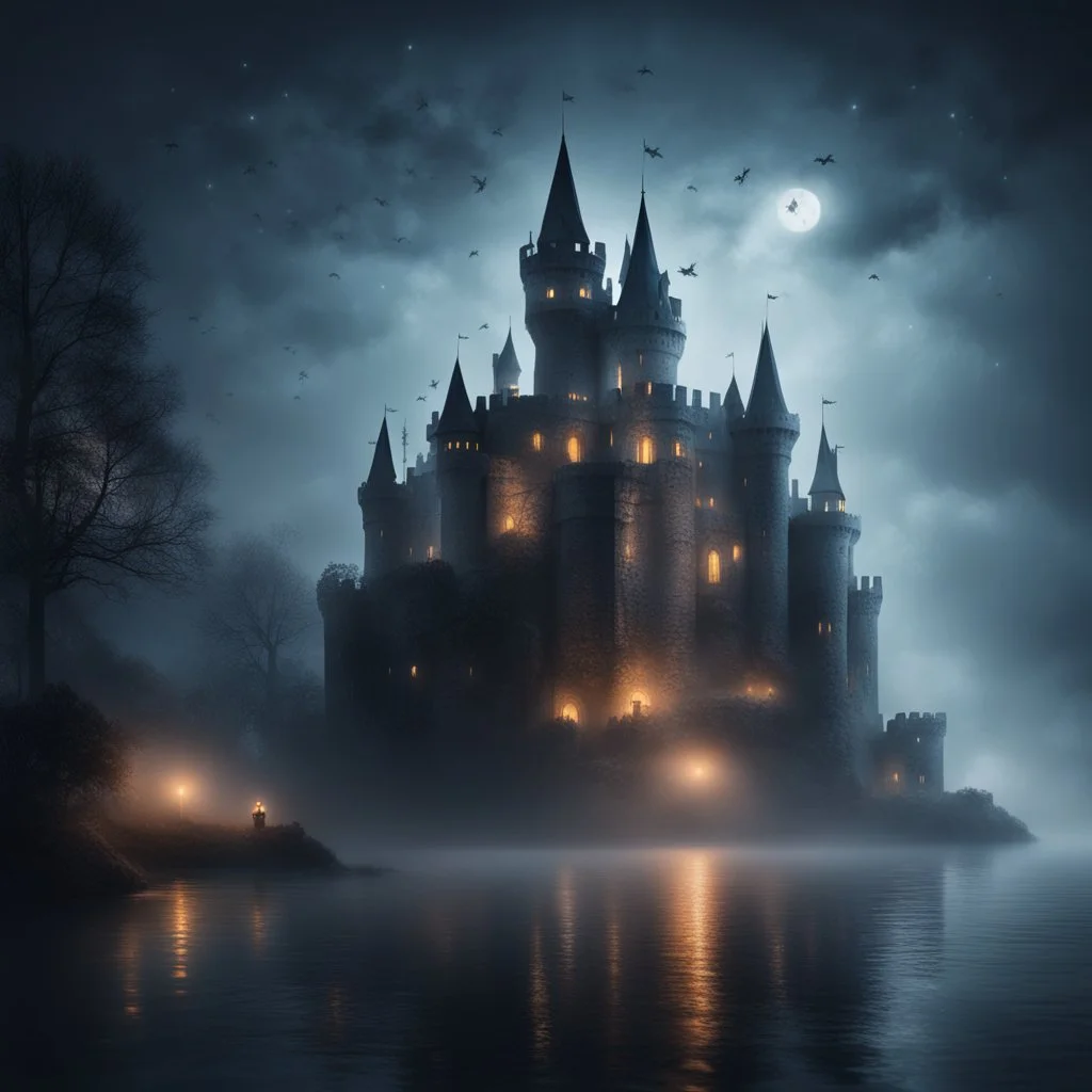 Hyper realistic huge haunted castle in a heavy foggy night with fireflies between an ocean