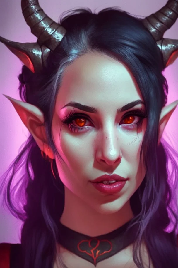 A portrait of a beautiful young female tiefling bard with deep red skin, fiery glowing eyes. A pair of symmetrical horns are protruding from her forehead. She has long black hair tied up in a ponytail and sidebangs.