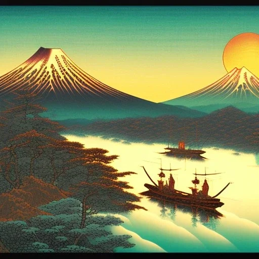 Ukiyo-e Style , mount fuji, sun set