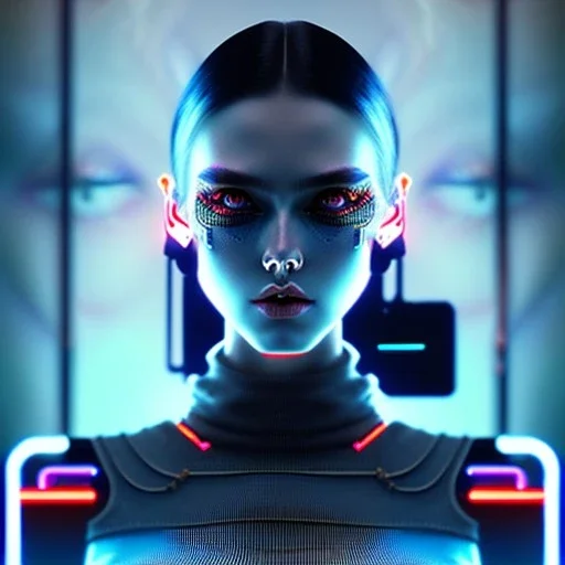 beautiful pale cyberpunk female with heavy black eyeliner, blue eyes, shaved side haircut, hyper detail, cinematic lighting, magic neon, dark red city background