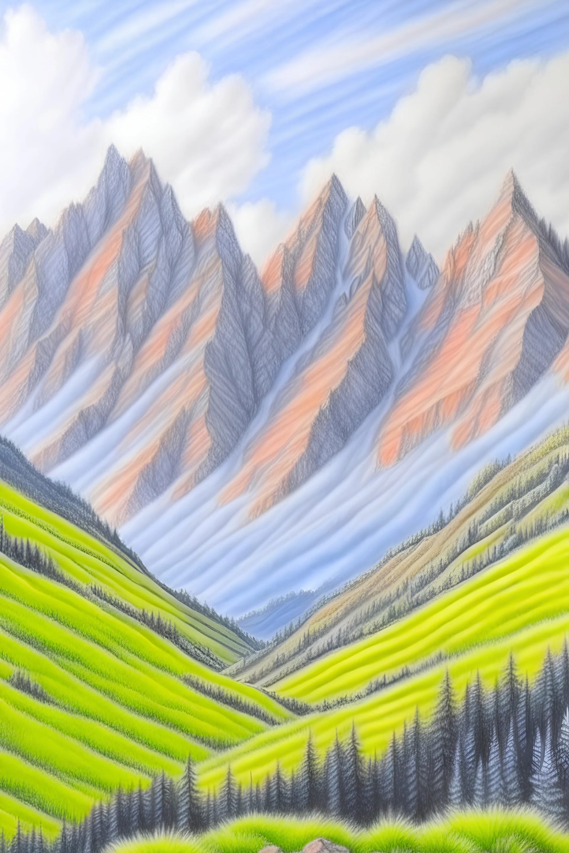 colorful sketch of natural landscape of greenery and mountains and a river.  Make it beginner level and using color pencils.