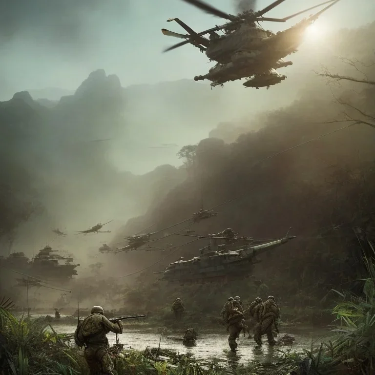 vietnam war. war report. in jungle. poster. bokeh. lens flare. warm lights. high detailed. beksinski