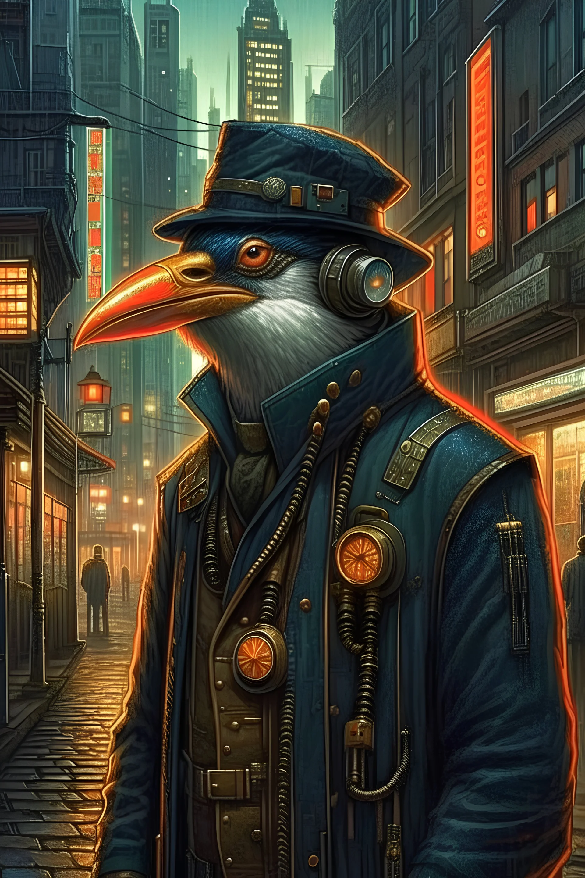 "Portrait of a steampunk penguin in a cyberpunk city, by Arai Yoshimune, Simon Stålenhag, and Dan Mumford Photorealism hyperdetailed trending on Artstation 8k resolution digital illustration cel-shaded Ukiyo-e romanticism expressionism impressionist"