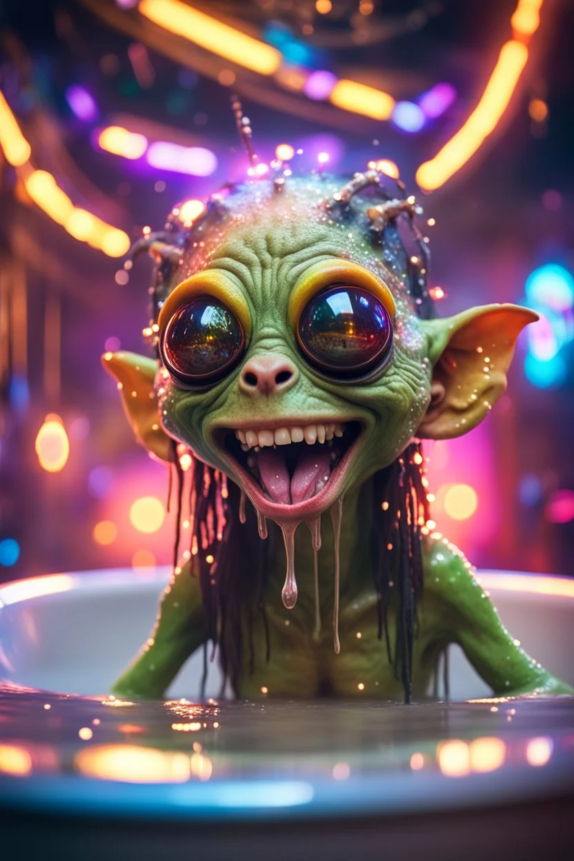 portrait of ultimate transcendent happy disco helmet wested pimp goblin gremlin weasel alien rasta frown with spotlights and huge dripping forked tounge sticking head out of a bathtub portal, in front of space portal dimensional glittering device, bokeh like f/0.8, tilt-shift lens 8k, high detail, smooth render, down-light, unreal engine, prize winning