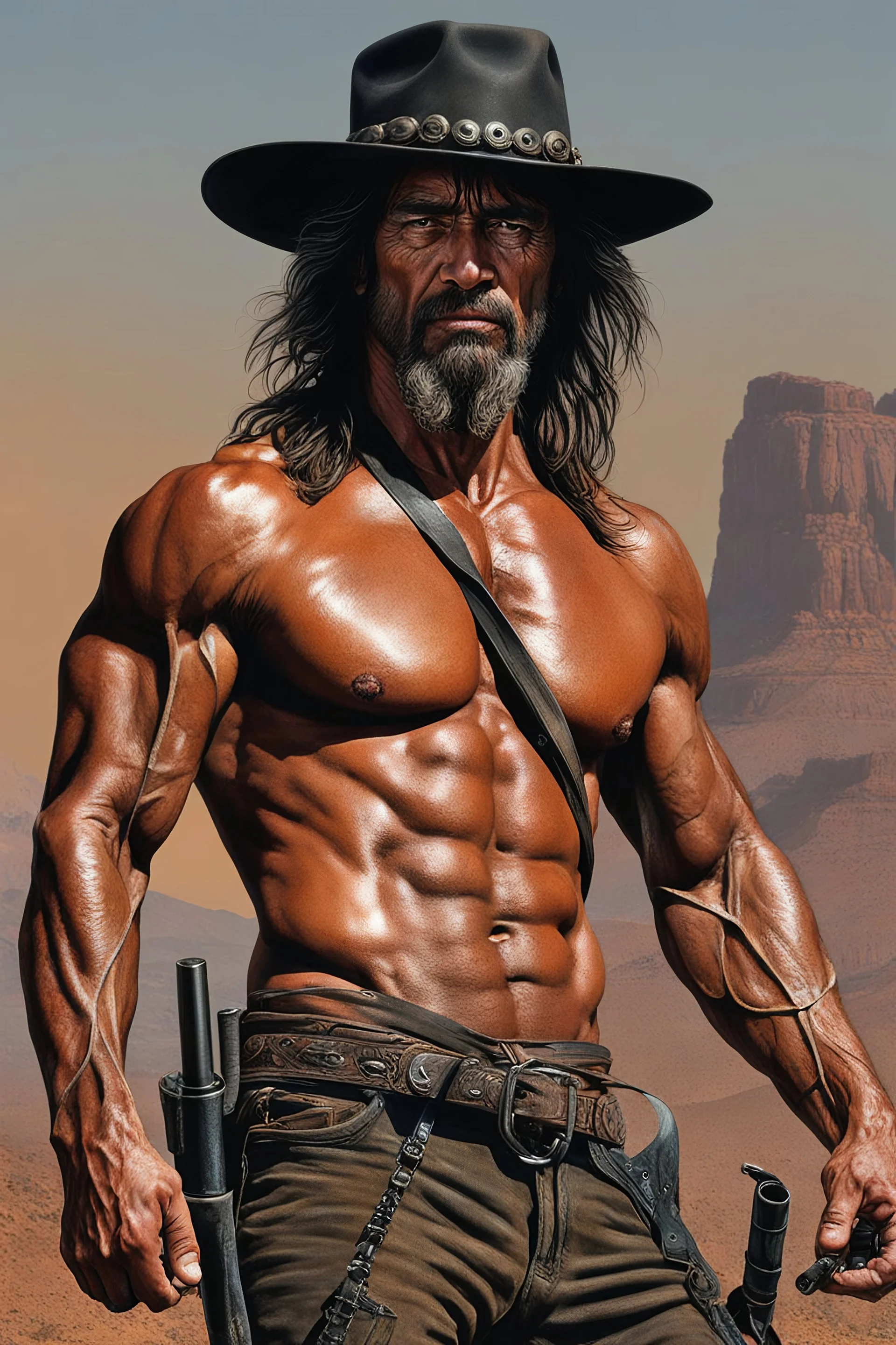 Full Color - Extremely muscular The Outlaw Jose Wales the Terminator, in the style of 18-year-old Chinese cowboy, Boris Vallejo, Frank Frazetta, Grasshopper, 4k, 8k, 16k, 32k. 100k UHD, ultra hyper resolution, extremely detailed, hyper-realistic, photorealistic, Realism Engine, EpicPhotoGasm, Realistic Vision V51, Realistic Stock Photo, ProtoVision, Realism Engine, RealVis XL, Zavy Chroma XL, RealVisXL v4, Realistic Vision V5.1, AbsoluteReality v1.8.1, 100k Super UHD