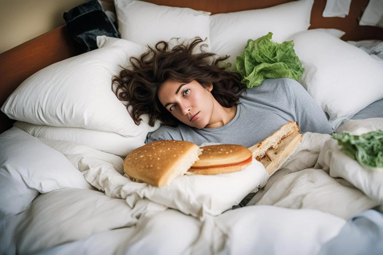 Subject & Action: A close-up, fisheye perspective, raw 35mm film photograph captures a user lying back against several soft, disheveled pillows in a messy bed. The viewer (implied POV) is holding a large, handmade, multi-layered sandwich (crusty sourdough, turkey, melting cheese, lettuce, tomato) slightly tilted, poised for a bite. Environment & Setting: The background is dominated by a vintage, oversized television set on a low stand at the foot of the bed. The screen is the primary light sour