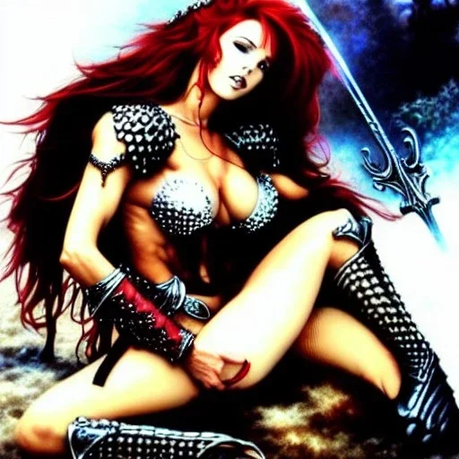 Epic full body picture portrait of busty atletic young beautiful Red Sonja Luis Royo styles