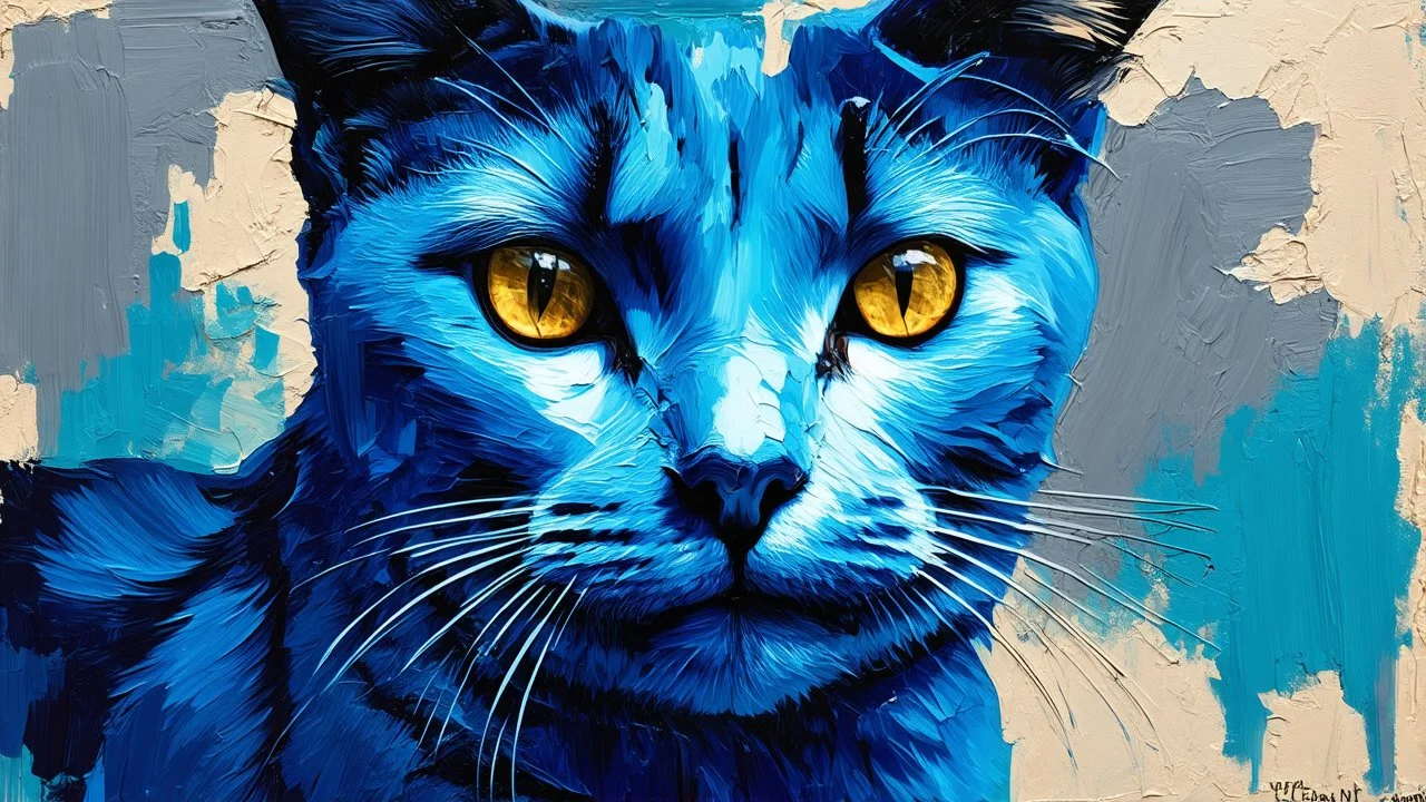 This digital painting features a blue-toned, abstract human face with a serene expression, partially obscured by a blue cat with golden eyes. The background is textured with patches of lighter blue and gray, giving a weathered appearance. The art style is reminiscent of abstract expressionism.