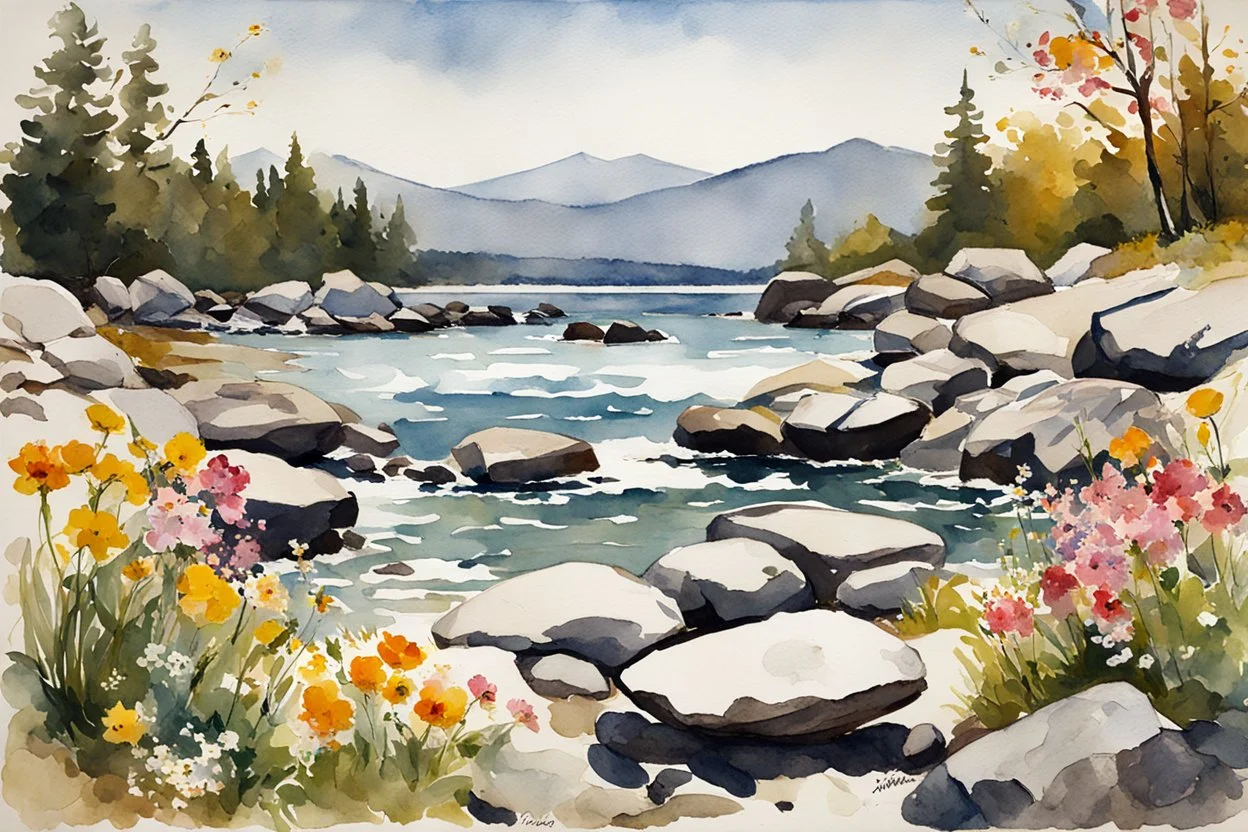 Sunny day, spring, flowers, rocks, mountains, epic, winslow homer watercolor paintings