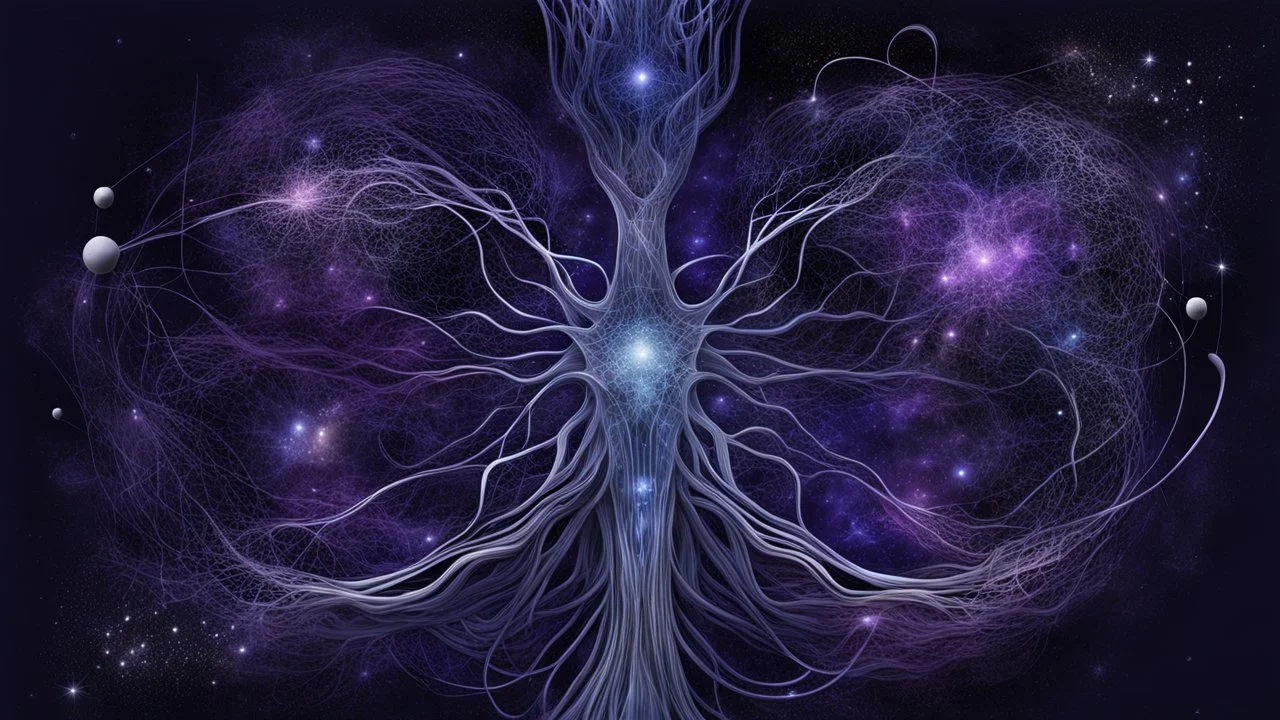 abstract 2d digital art graphic and ink montage,. Deep dark purple background with pale neural network and galaxy background, human nervous system with fade little lights , white-dark blue-pale gray and black colors, Clean composition with strange surreal vibe, emotional, abstractions, neurodivergens soul and mind, cinematic, thriller, human dark shilouette floatings