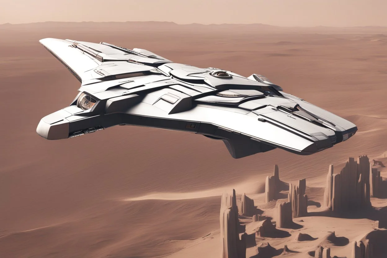 spaceship flying low over a desert city