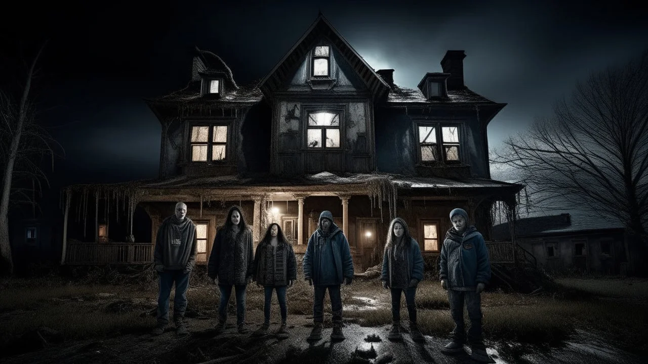 The photo depicts the group of brave adventurers standing in front of an abandoned haunted house in the middle of the night. The house appears dilapidated and covered in mold, with the windows broken and the doors frighteningly open. Rain is falling heavily and lightning is lighting up the sky, creating a dark and terrifying atmosphere. In the foreground, one of the adventurers is shown holding a lamp illuminating the place, their faces filled with tension and caution. They wear adventure gear