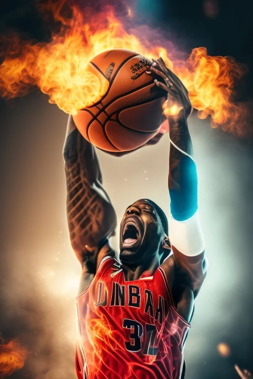 8k, highly realistic and detailed image of a NBA basketball player in action dunking the ball in the net, sweaty hair, screaming look,action and smoke and flames background