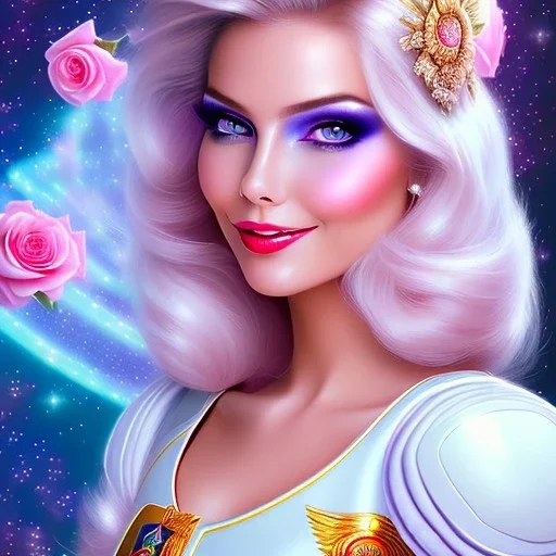 jolie femme galactique cosmonaute sourire avec longs cheveux bleu clair joli visage souriant et beau corps bien formé entier , beaux yeux bleus rieurs - grandes ailes roses , ciel bleu fleurs blanches et roses. robe en soie, jolies dents rieuses , jolis yeux rieurs , picture precise and hight quality 8k, 10k ambiance rose pÂle, combinaison de cosmonaute, bijoux