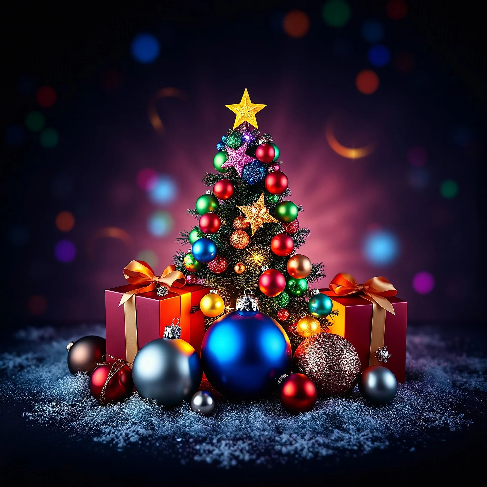 Create multicoloured Christmas tree gifts and balls and dark multicoloured snowflake background