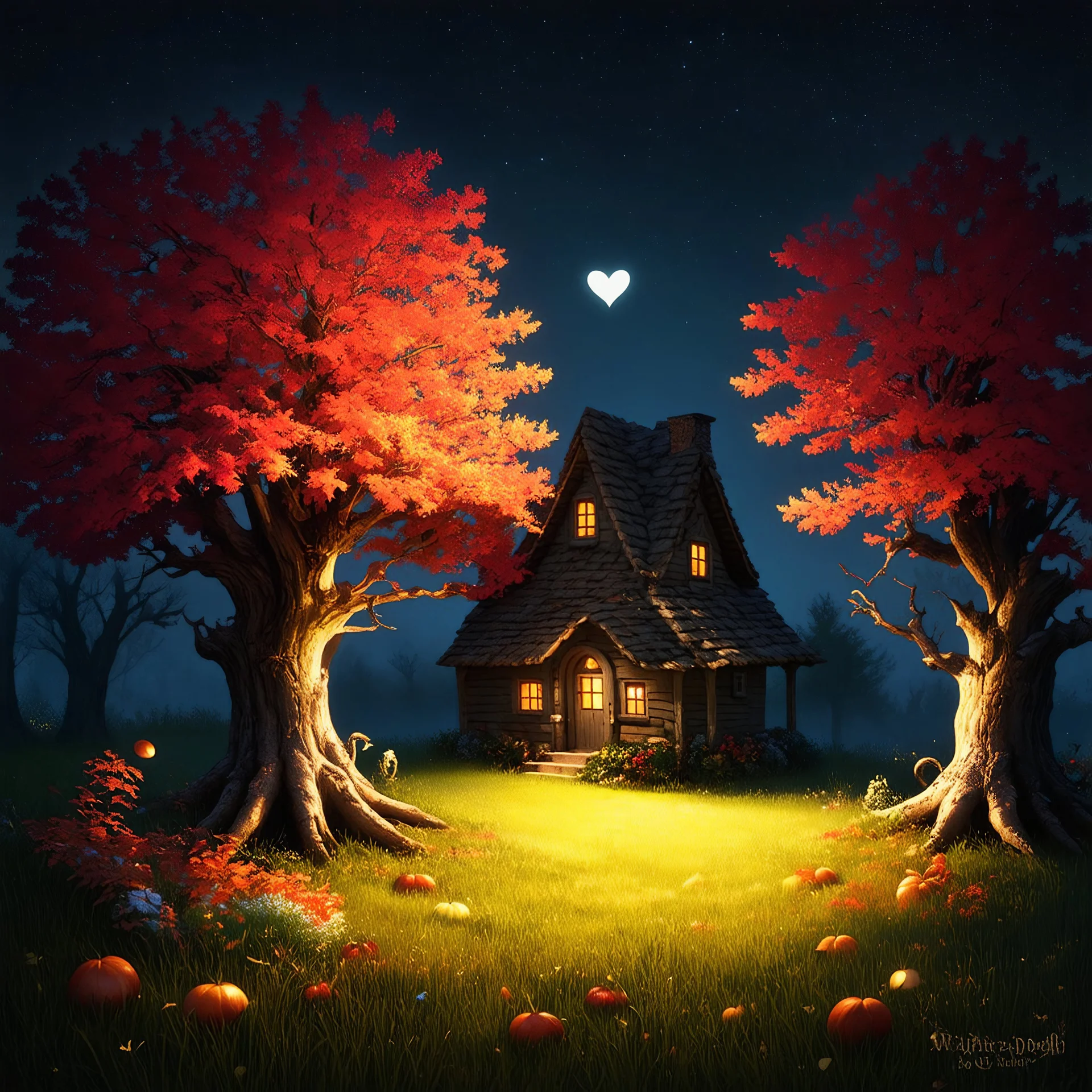 fairytale mood, autumn, dark night, a forest clearing with a lovely cottage, heart shaped tree