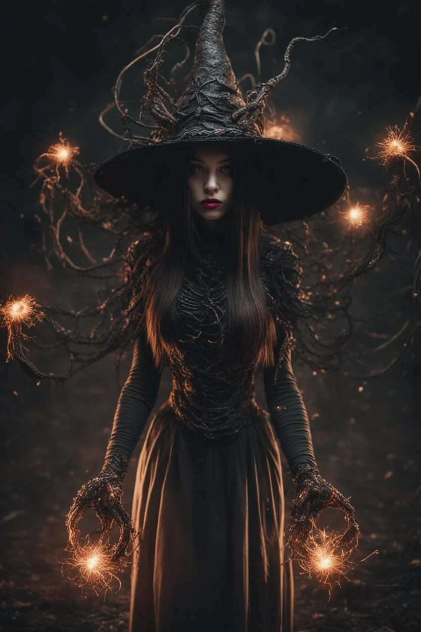 Demon girl wizard hat Halloween vintage girl, fullbody, creepy, horrifying, sinister, many worms parasite creature connected to the head and hands, sparks around her, sparks cybernetic, intricate, 8k, macro photography,