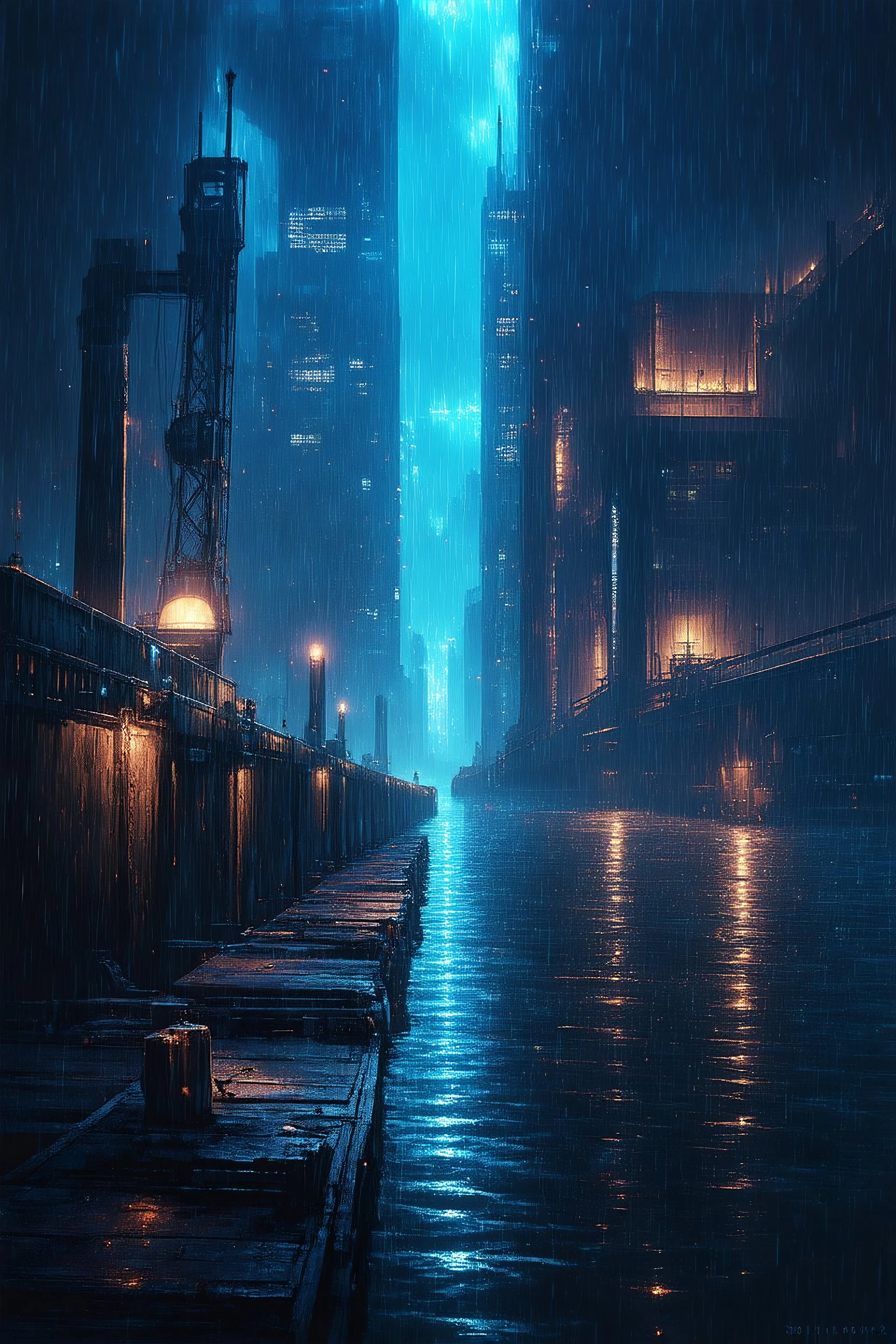 night, cyberpunk, city background, rain, naval dock at the left